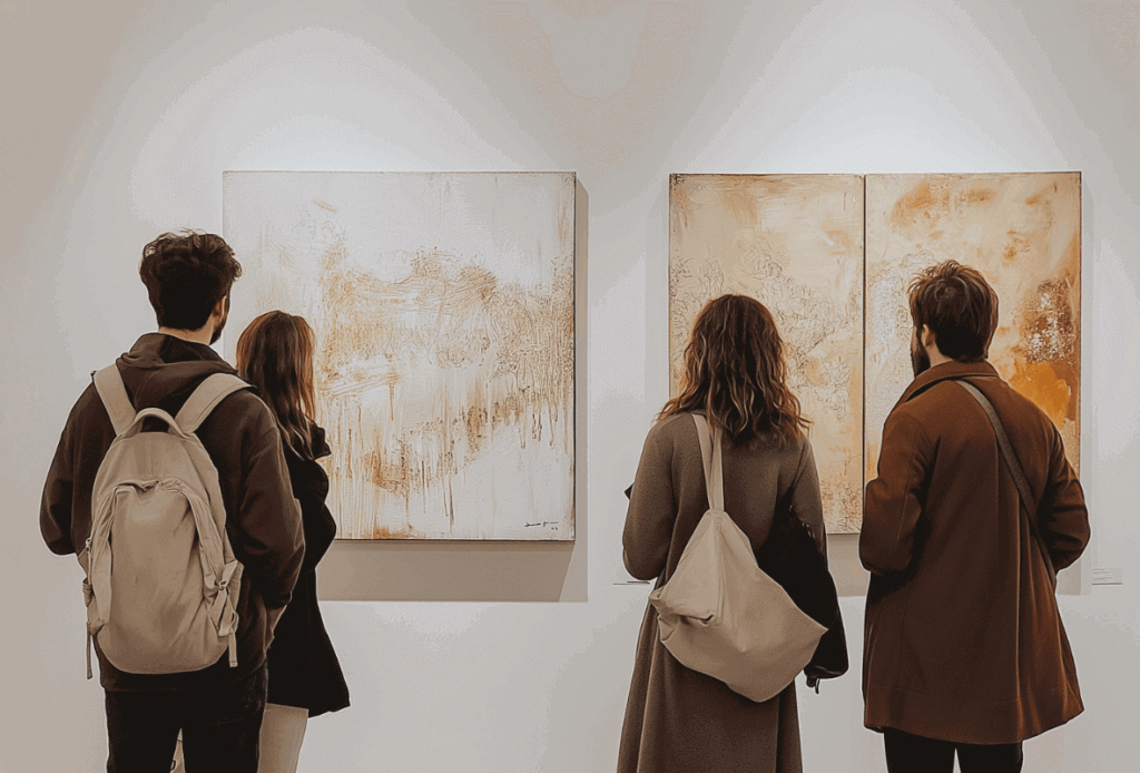 Four people viewing abstract art in a gallery.