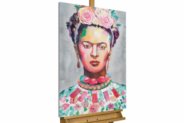 A hand-painted portrait of Frida Kahlo, with vivid colors and floral accents, including a bright floral crown and a necklace with red and green tones.