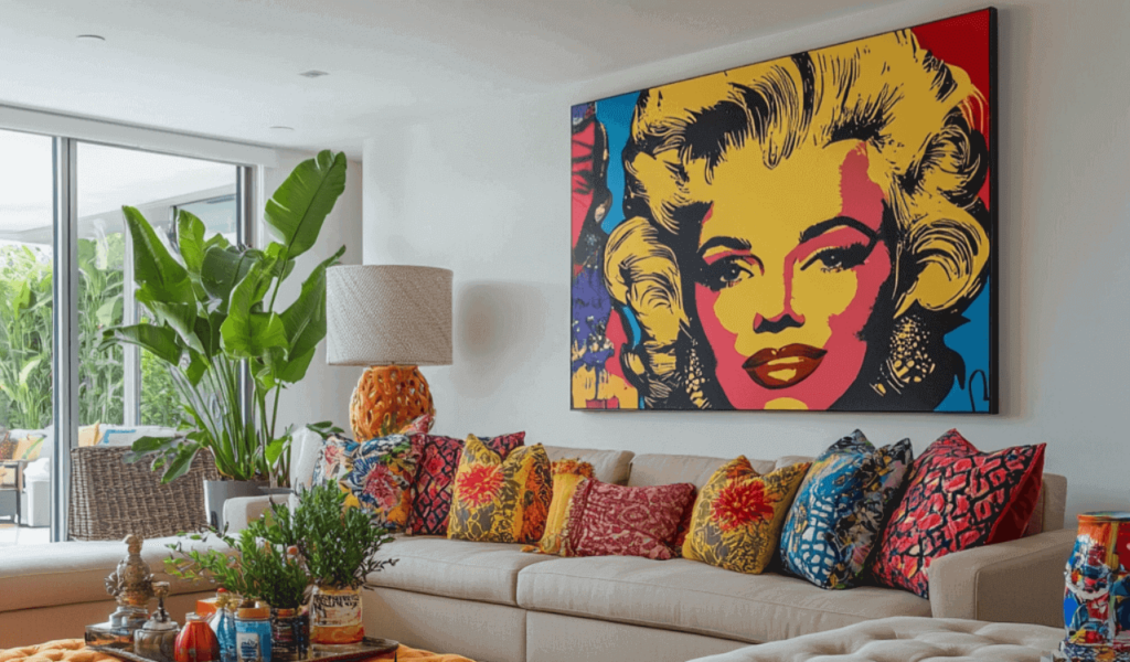 Pop art living room with a Marilyn Monroe artwork, beige sofa and colorful patterned cushions