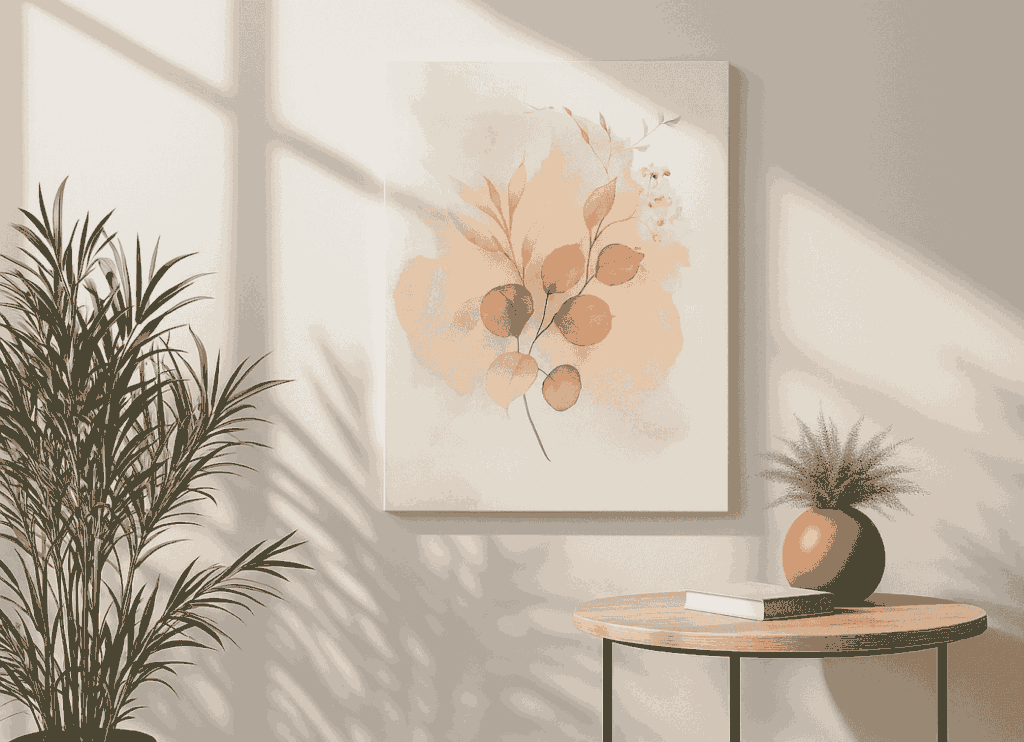 Soft botanical art on a white canvas, displayed above a round wooden table with a potted plant and a book in a well-lit modern room.