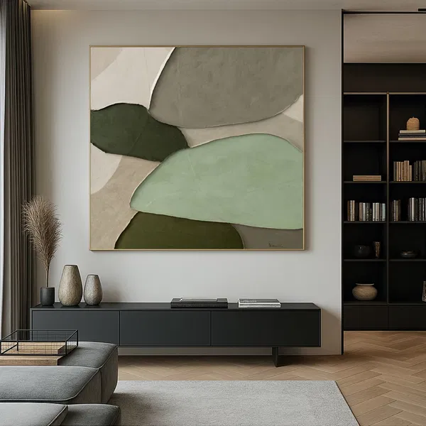 Modern living room with green walls and abstract painting