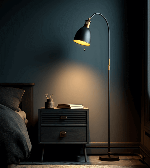 A bedroom with a side table and a floor lamp