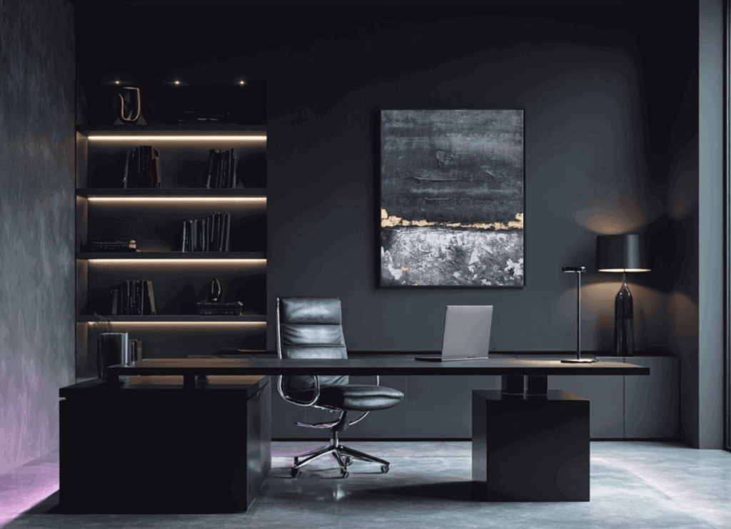 A office area with a wall painting, a minimalist long table and a office chair.