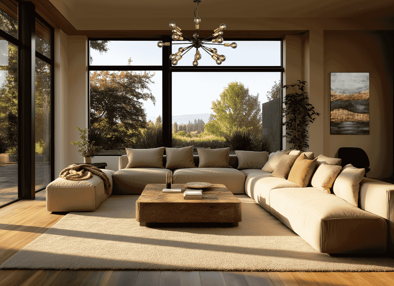 A well lit living room with a large window, a pendant light and a walla rt.