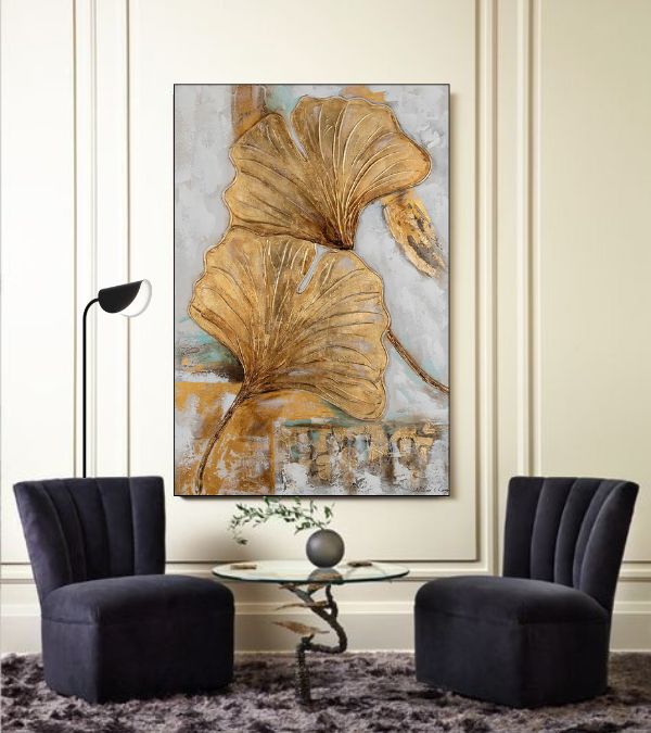 Minimalist Living Room with Black Armchair and Golden Leaf Wall Art