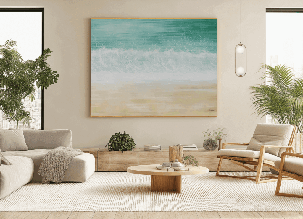 A living room with natural light coming in and a beautiful large wall art painting.