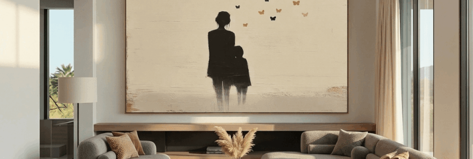 A horizontal living room canvas art mockup featuring a minimalist silhouette of a mother and child with small floating shapes.