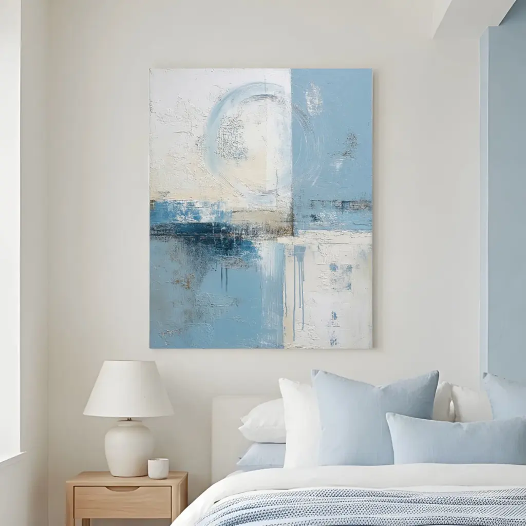Abstract blue and white artwork above bed